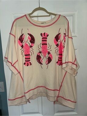 Fantastic Fawn Sequin Lobster Graphic Pullover - Cream with Hot Pink. Size Lg.